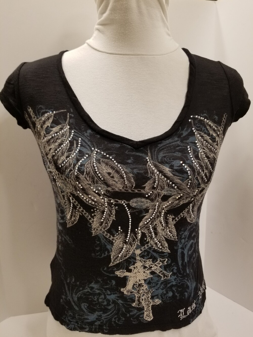 ✅Chelona Black Rhinestone Feather Cross Graphic Tee Y2K Bling S Cap Sleeve Top⚜❣